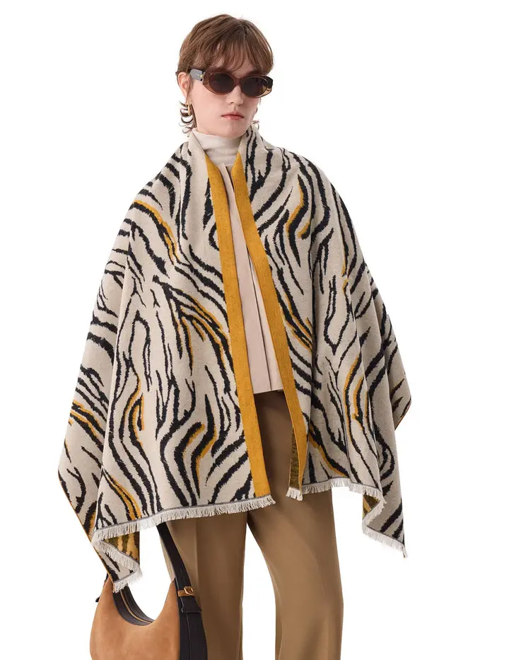 The Wild - Zebra Silk Scarf, 100% Brushed Mulberry Silk, Jacquard Reversible, 71"x24"