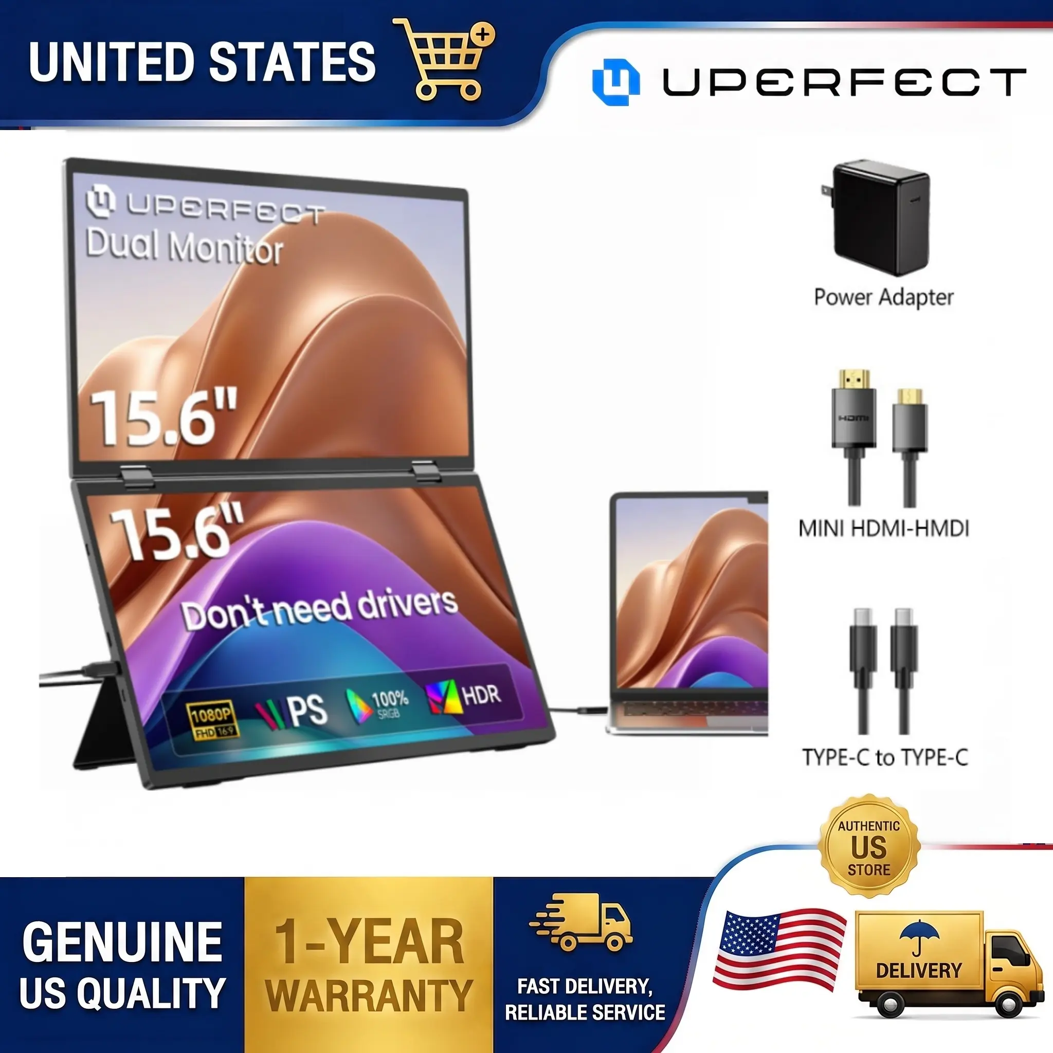 UPERFECT 15.6" Dual-Screen Portable Monitor (1*Monitor, <20in IPS Matte Screen), 1080p Full HD 1920x1080 60Hz, 300 Nits, 100% sRGB, USB-C, 2*C-C Cables, 1*PD30W Power Adapter, 1*User Manual, Fast Delivery, Works with Smartphone, PCs, and Consoles