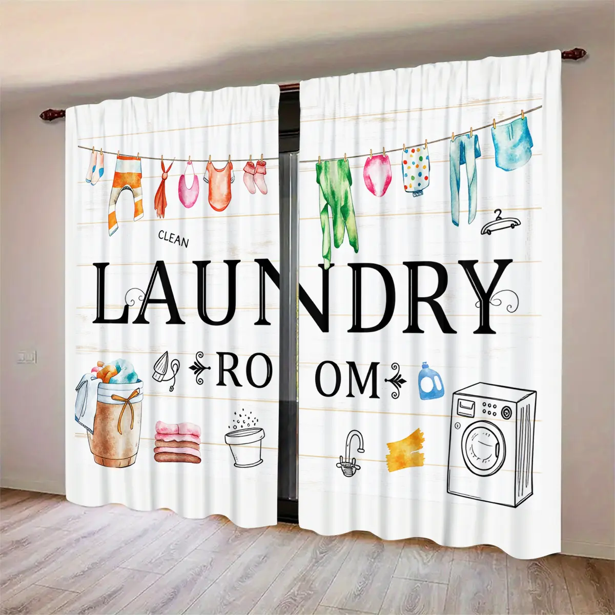 Cute Hand Drawn Laundry Element Curtain Set, Semi-Transparent Polyester, Rod Pocket Design, Home Decor, Bedroom and Living Room