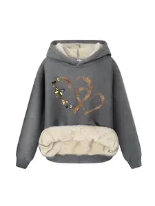 Women's Thick Lamb Velvet Hoodie, Casual Fitted Pullover for Fall & Winter, Heart Butterfly Print, Warm Comfortable Sweatshirt