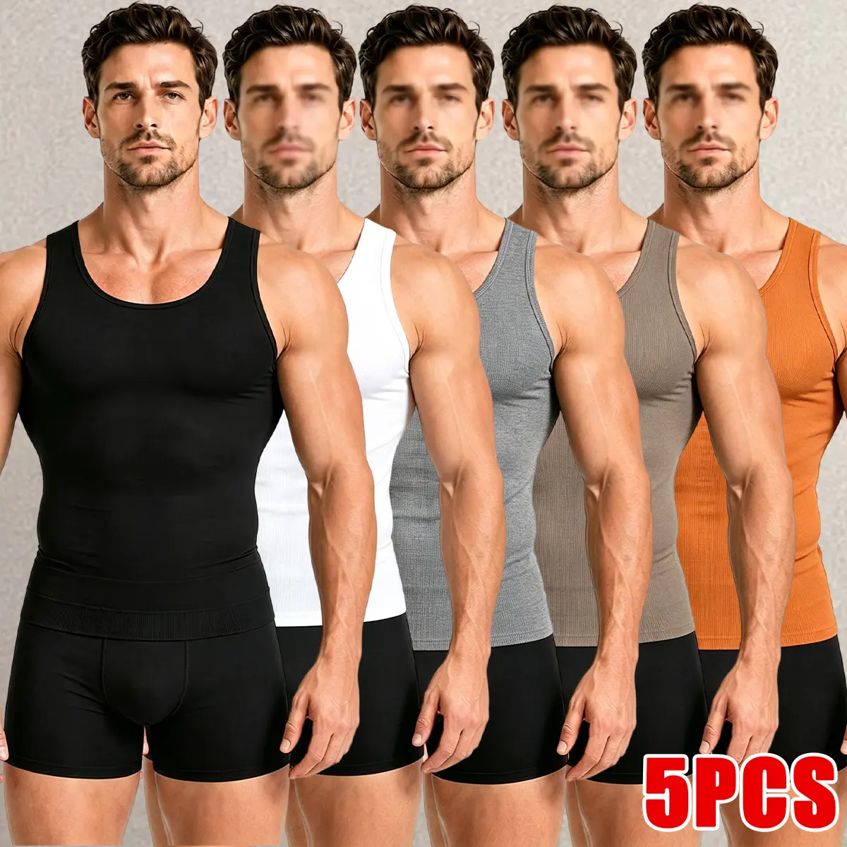 JOGWAVE 5-Piece Men’s Slim-Fit Crew Neck Compression Tank Top, Cotton Blend Dynamic Stretch Sports Singlet, Sleeveless Athleisure Wear for Running, Workouts, Dynamic Stretch Men's Sports Singlet