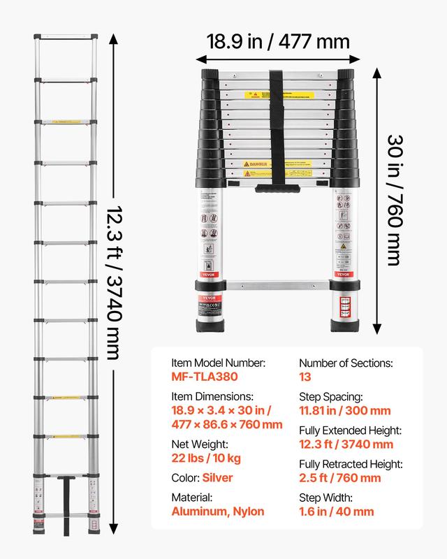VEVOR Telescoping Ladder, TikTokShopBlackFriday, Mutil-buttonRetraction Collapsible Extension Ladder, 400 LBS Capacity with Non-slip Feet, Portable Multi-purpose Compact Ladder for Home, RV, Loft, ANSI Liste  FathersDayGift