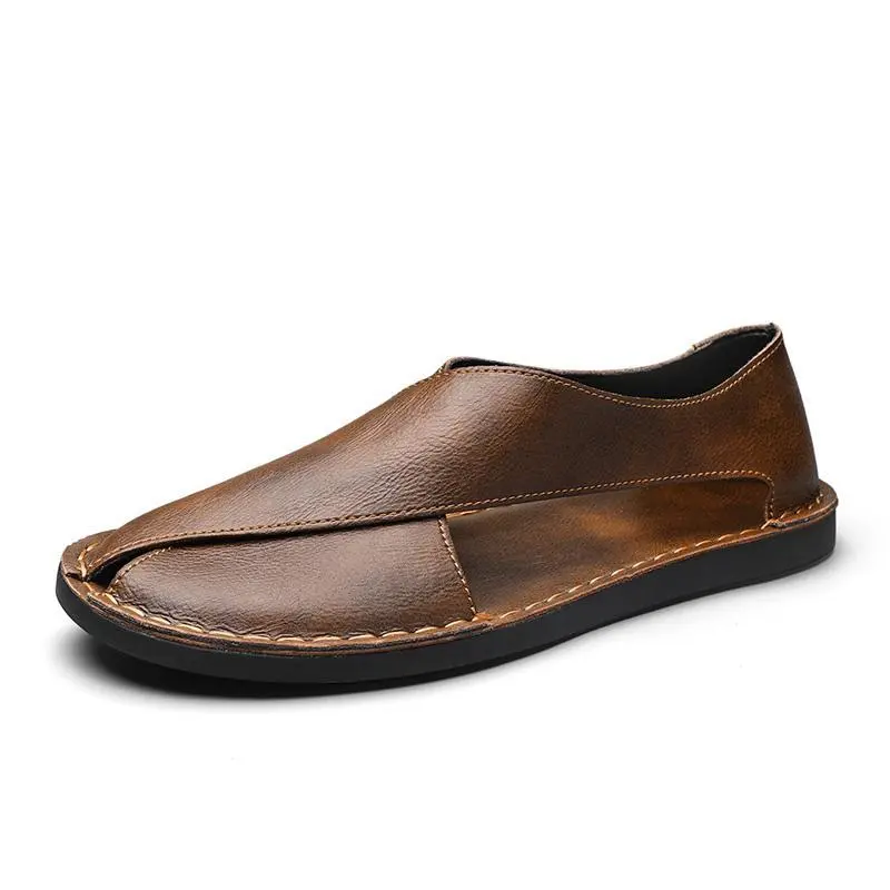 Men's Summer Handmade PU Upper Sandals - Hand-stitched, Minimalist, Breathable, Hollow-Out, Lightweight Rubber Slip-On Ankle Shoes with Artisanal Craftsmanship, Flat Heel, Round Toe, Sweat-Free Steps for Beach Wear