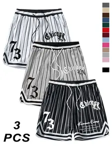 Trendy American Sportswear Shorts Set of Three, Striped & Slogan Print, Loose Fit, Street Style, Basketball Events, Daily Wear, Drawstring Shorts