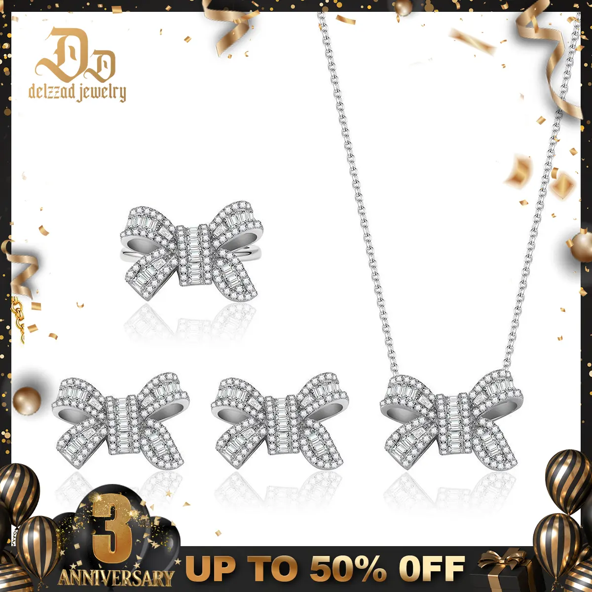Delzzad Eternal Knot Set Luxury Bow Jewelry Set Ribbon Stud Earrings Ring Necklace Set VVS Synthetic Moissanite Jewelry S925/Copper Perfect Birthday Engagement Wedding Anniversary Christmas Valentine's Day Mother's Day Gift
