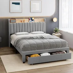 【Christmas Gift】70 Upholstered Bed Frame with Storage Headboard and Charging Station Platform Bed Frame with Drawers Heavy Duty No Box Spring Needed Easy Assembly Grey Queen Size Usb Tall Padding