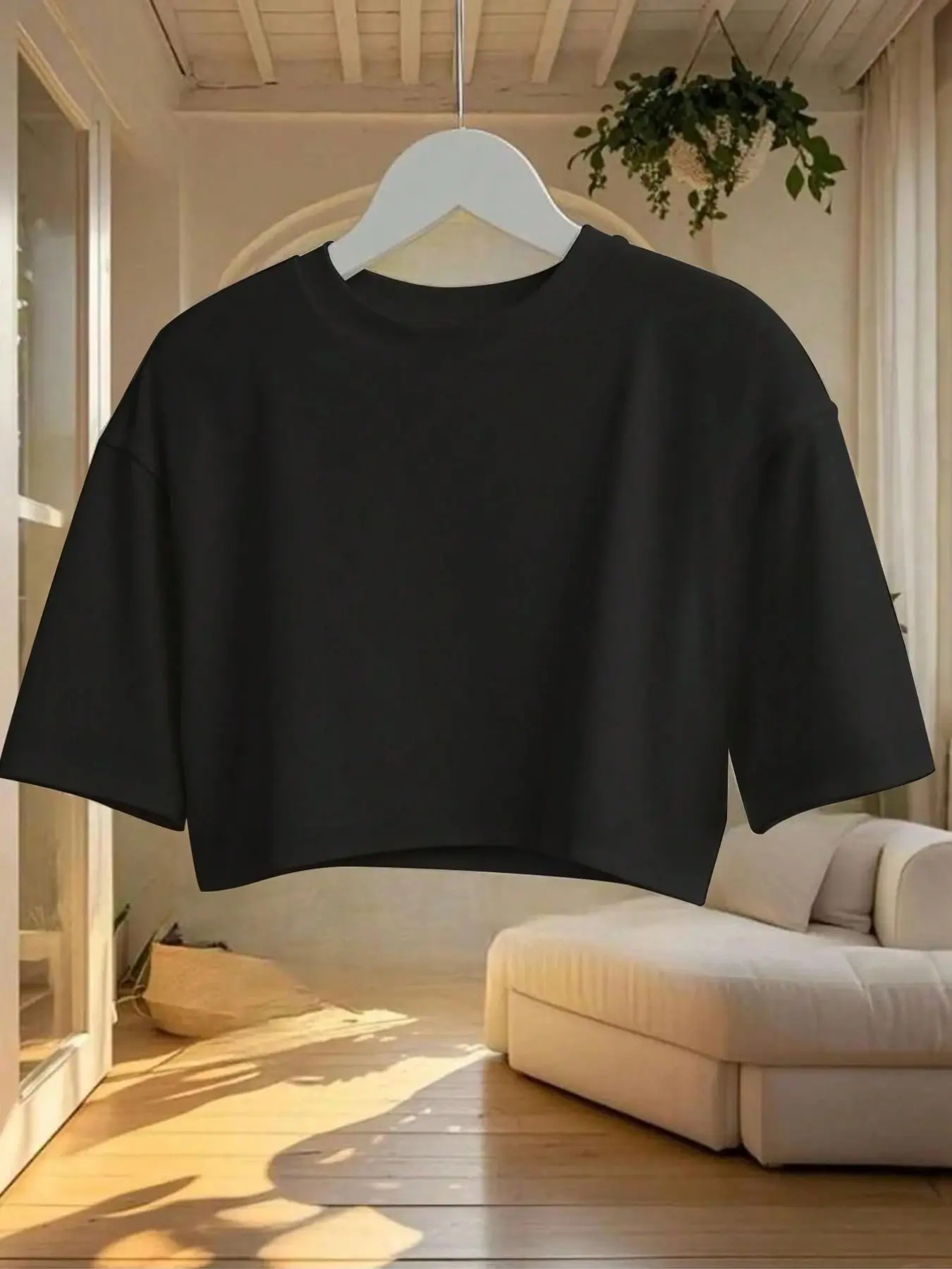 Women's Cropped Crew Neck T-Shirt, Casual Short Sleeve Basic Crop Top, Loose Fit Soft Cotton Tee, Trendy Summer Streetwear, Solid Color Versatile Top for Daily Wear, Vacation & Coachella Outfits