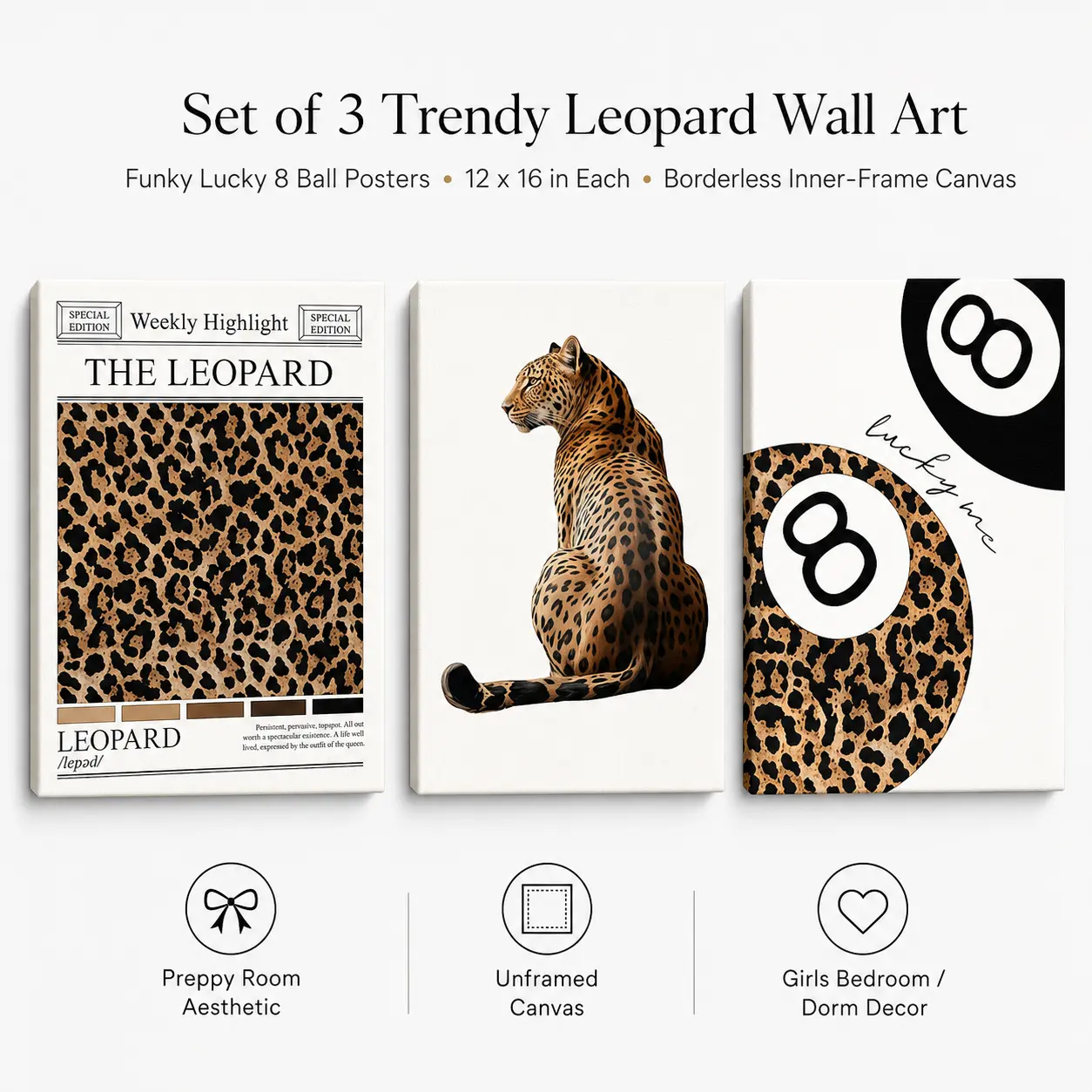 Set of 3 Trendy Leopard Wall Art Funky Lucky 8 Ball Posters Prints Preppy Room Aesthetic Cheetah Wall Decor Pictures for Girls Bedroom Apartment Dorm Unframed 12x16in motivational canvas religious modern artistic Toilet Paper Santa video game design