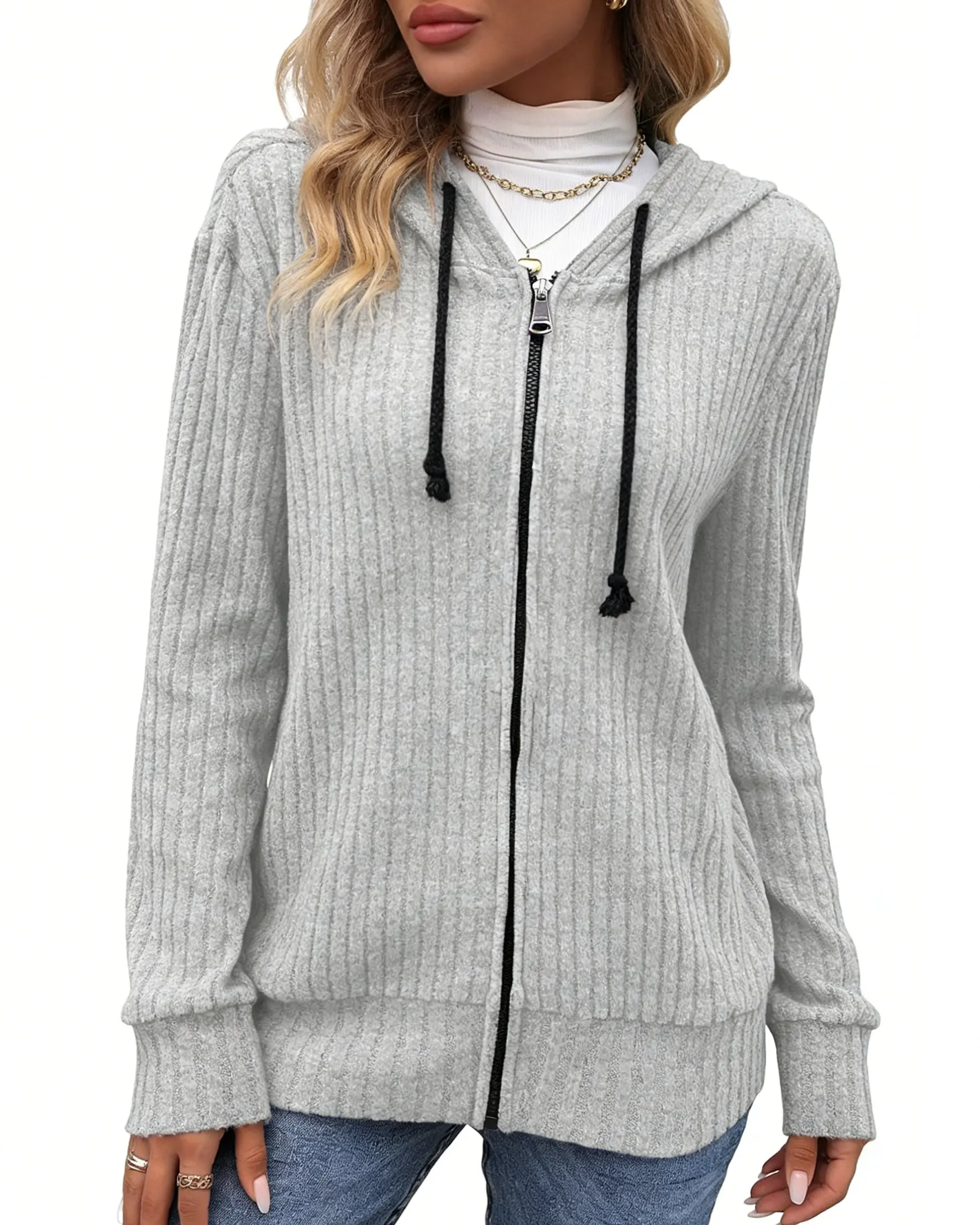 Women's Ribbed Knit Oversized Minimalist Zip-Up Hooded Cardigan Tops - Casual Long Sleeve Drawstring Fit Fabric Sports Outerwear Jacket