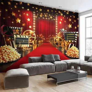 1PC,2D Flat Stereo Cinema - themed Backdrop, Movie Red Carpet Popcorn Clapperboard Background Decorative Cloth, Home Theater Studio Shooting Background Curtain, Party Event Atmosphere Decoration Backg
