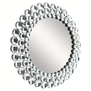New Round Wall Mirror 17-inch Diameter Glamorous Style with Sparkling Crystals Decorative Circle Mirror for Living Room Bedroom Entryway Wall Decor Glass