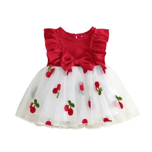 Newborn Baby Girl Dress Casual A Line Cherry Embroidered Bow Ruffled Trim Crew Neck Flying Sleeve Dress 0-9 Months