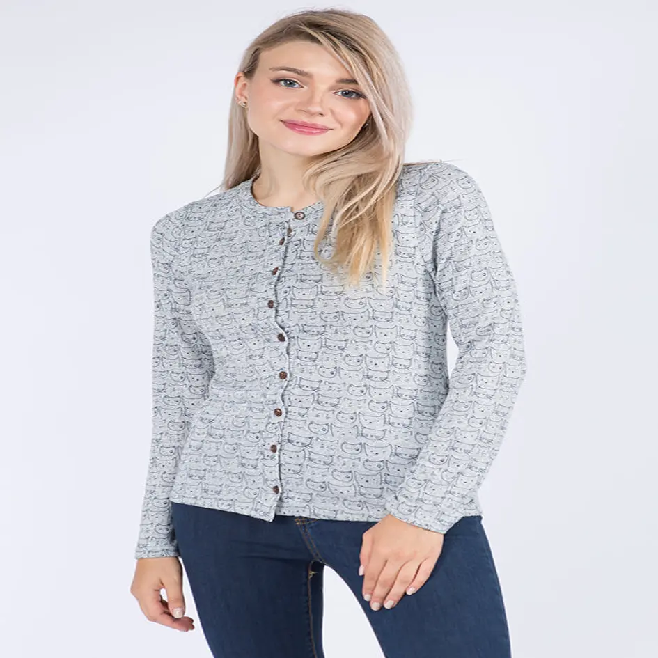 Cat Face All Over Print Crew Neck Cardigan