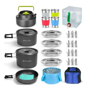 29pcs Camping Cookware Mess Kit, Non-Stick Lightweight Pots Pan Kettle, Collapsible Water Container and Bucket, Stainless Steel Cups Plates Forks Knives Spoons for Outdoor Backpacking Picnic