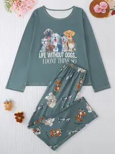 Women's 2-Piece Pajama Set, Casual Round Neck Long Sleeve Top & Elastic Pants, Animal Print, All-Season Comfortable Sleepwear, Loungewear