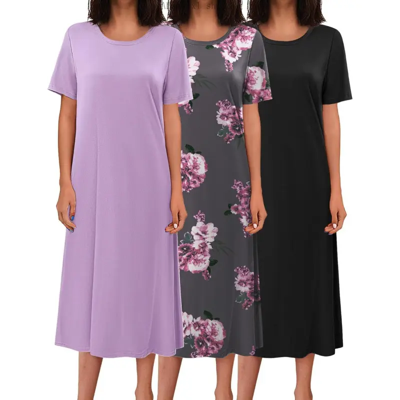 3 Pack Long Nightgowns for Women Full Length Short Sleeve Nightshirt Soft Plus Size Sleepwear Casual Loungwear