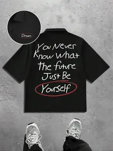 Men's minimalist slogan short-sleeved shirt, boxy casual style, zip-up placket jacket style, minimalist, street style, individualistic fashion, suitable for everyday wear, back to school, commuting, holiday gifts, unisex.