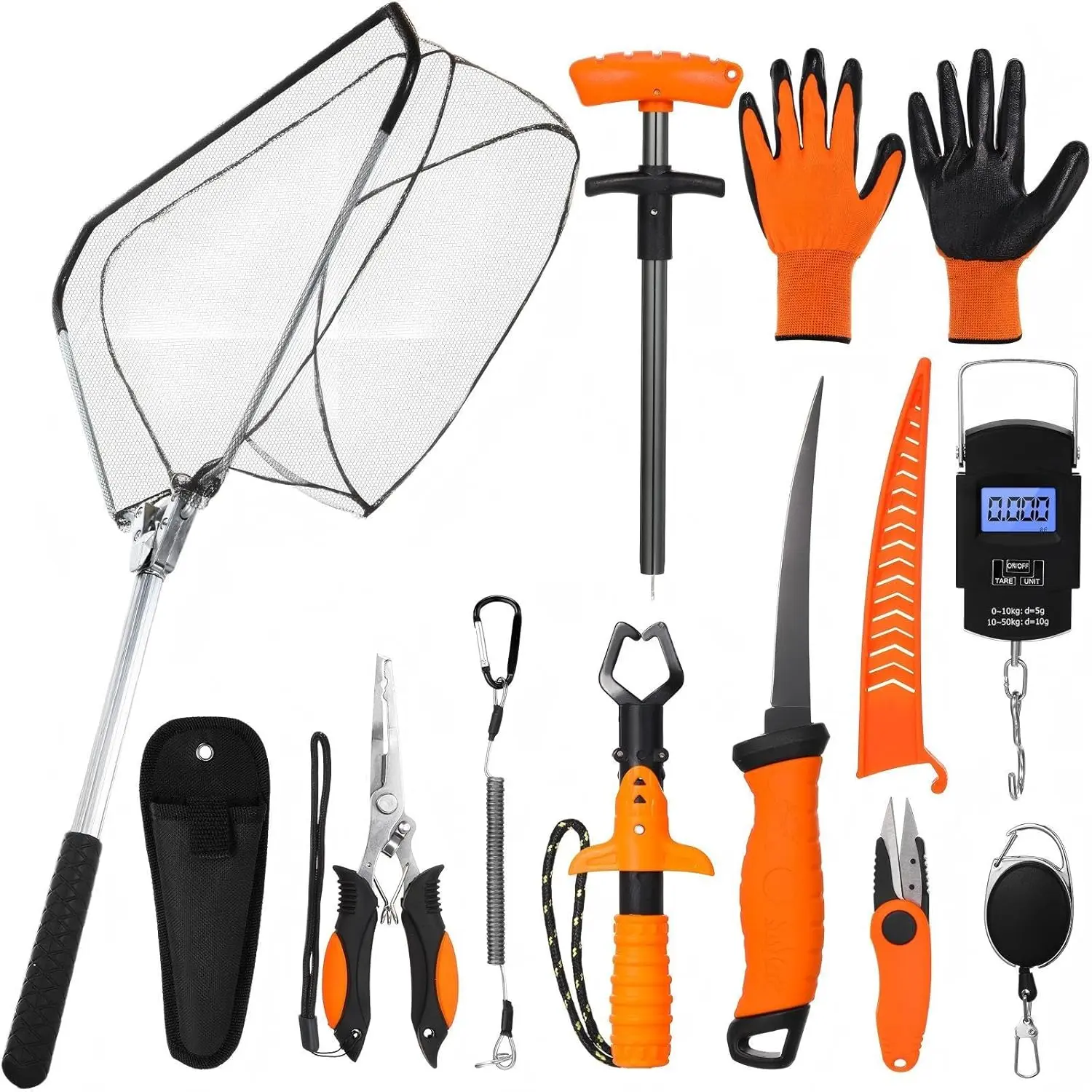 10 Pcs Fishing Tool Kit, Easter Gift Basket, Fishing Pliers with Lanyard and Protective Sheaths, Landing Net, Fillet Knife, Fish Scale, Gripper, Hook Remover, Braid Scissors, Gloves