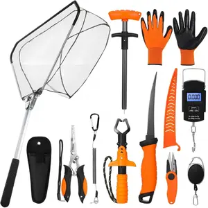 10 Pcs Fishing Tool Kit, Fishing Pliers with Lanyard and Protective Sheaths, Landing Net, Fillet Knife, Fish Scale, Gripper, Hook Remover, Braid Scissors, Gloves for Men Dad Gift