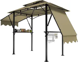 8x5 Double-Sided Awning Grill Gazebo - All-Weather  Waterproof BBQ Canopy with Arc Metal Frame - Fold-Down Privacy Panels, Built-in Bottle Opener & 4 Energy-Saving Lights for Patio