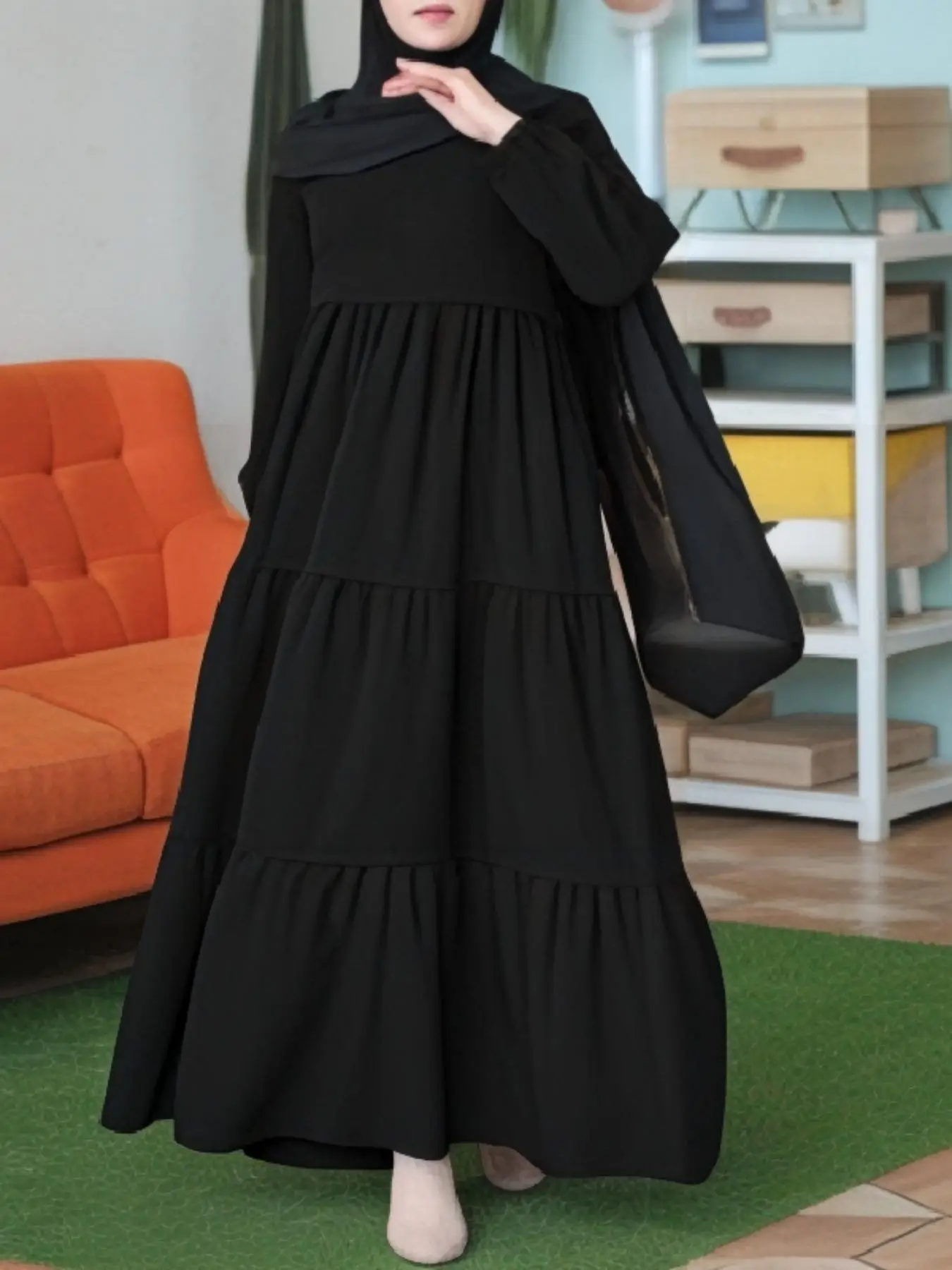 Women's Plain Ruffle Hem Arabian Dress, Modest Bishop Sleeve Keyhole Back Long Dress for Party Wedding Guest, Ladies Fall & Winter Clothes