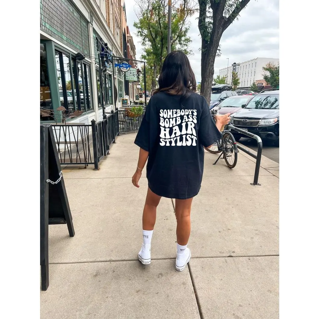 Lady's Cotton Crewneck Streetwear T-Shirt - Hairstylist Themed, "Somebody's Bomb" Text on Back, Cosmetologist Apparel, Soft Fabric
