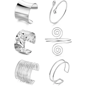 6 count Upper Arm Cuff Arm Band Cuff Bangle Bracelet for Women Hammered Chunky Bracelets Open Wide Wire Bracelets Minimalist Coil Bangle Set  Sliver Wrist Cuff Wrap Bracelet Adjustable