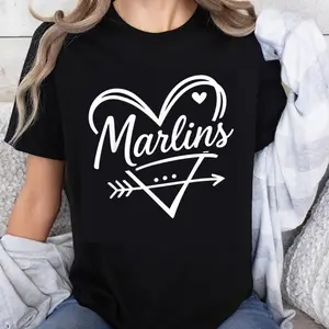 100% Cotton Marlins Heart Arrow Design Women's Casual Summer Graphic T-Shirt