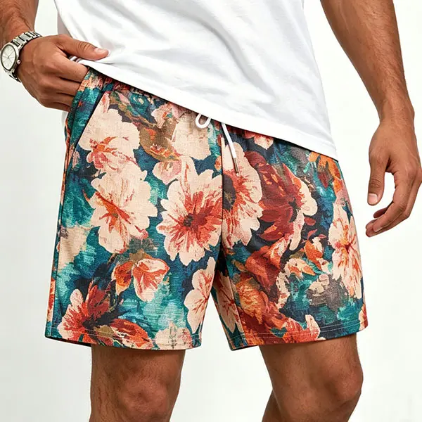 Men's Floral Print Drawstring Waist Shorts, Regular Fit Bohemian Casual Pocket Shorts for Summer, Men's Bottoms for Beach Vacation，For the desired model effect, please order one size larger.