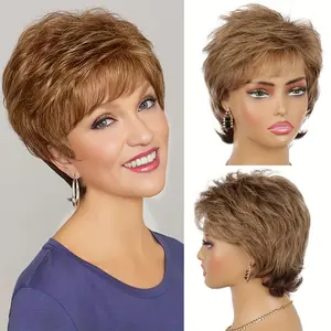 Woolook HAIR 6 Inch Elegant Short Curly Wave Wig With Bangs Golden Blonde To Brown Gradient Voluminous Layered Style High-Quality Synthetic Fiber Comfortable Rose Net Cap Perfect For Women Daily Parties Music Festivals Mother's Day Gift