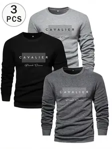 Men's 3-Pack Cavalier Graphic Long Sleeve T-Shirt, Fitted Round Neck Cotton Blend Pullover, Casual Fall Winter Layering, Daily Wear, Fitness, Urban Style, Clothes