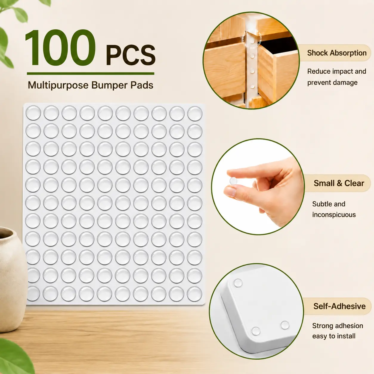 100PCS Clear Rubber Bumper Pads, Invisible Silicone Cabinet Door Stoppers, Self Adhesive Anti-Collision Buffer Dots for Furniture, Drawers, Doors, Walls, Glass Tables, Photo Frames, Kitchen and Office Use