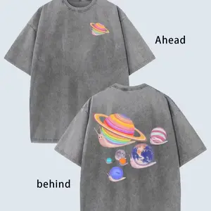 Women's Cotton Oversized Washed Soft Round Neck Animal Tee Top - Space Snail Print, Planets, Colorful Galaxy Aesthetic, Casual Streetwear, Vintage Fit, Everyday Comfy
