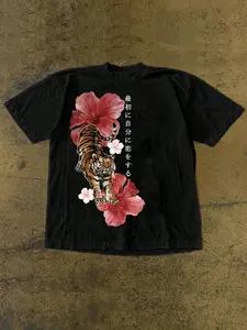 1PC TikTok Trendy Streetwear Japanese Tiger T-Shirt, Soft Breathable Heavyweight Cotton Tee with Floral Graphic and Oriental Art, Loose Fit Casual Top for Men