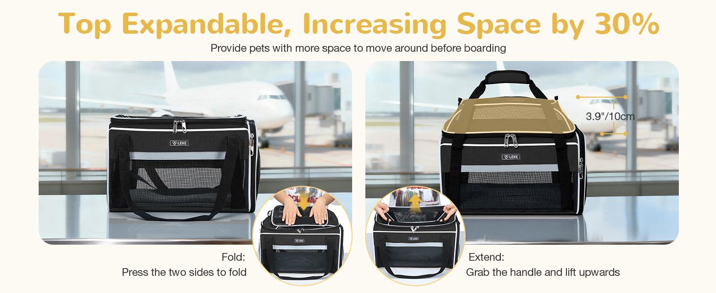 Lekereise Top-Expandable Pet Carrier 18x13x9.5 Inch Southwest Frontier Airline Approved Soft Sided Underseat to 15lbs Travel Carriers for Small Cats Dogs with Locking Safety Zippers Anti-Scratch Mesh
