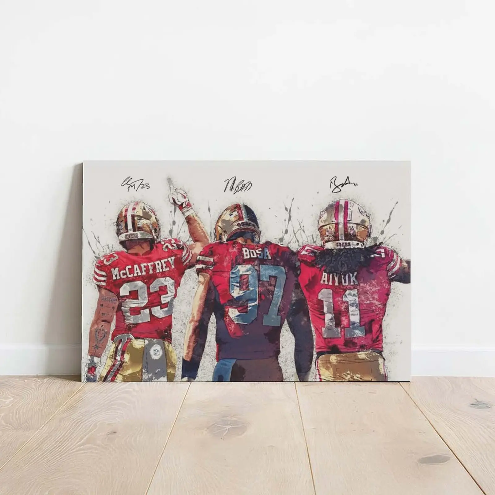 Christian McCaffrey, Nick Bosa & Brandon Aiyuk Unframed Football Print Poster - Athlete Wall Decor, Home Wall Art, Modern Canvas Decoration for Football Lovers’ Living Room & Bedroom Gift