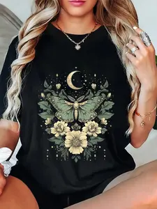 100% Cotton goblincore moth and butterfly moonphases flowers cottagecore T-Shirt