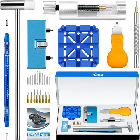 Jorest Portable Hand Tools Watch Repair Toolkit (10.9 oz, 8.62 x 5.55 x 0.94 in) for Home Use - Case Back Opening, Battery Replacement, Strap Resizing, Metal-Link Removal with Pry Knife, Hammer, Spring Bars, English Pict Guide