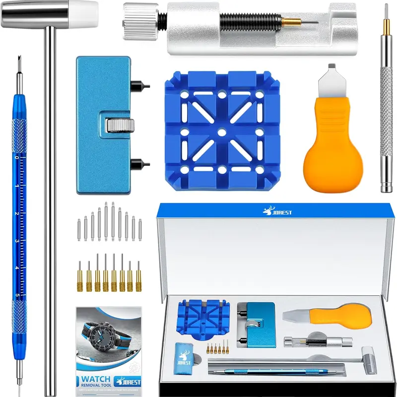Jorest Portable Hand Tools Watch Repair Toolkit (10.9 oz, 8.62 x 5.55 x 0.94 in) for Home Use - Case Back Opening, Battery Replacement, Strap Resizing, Metal-Link Removal with Pry Knife, Hammer, Spring Bars, English Pict Guide