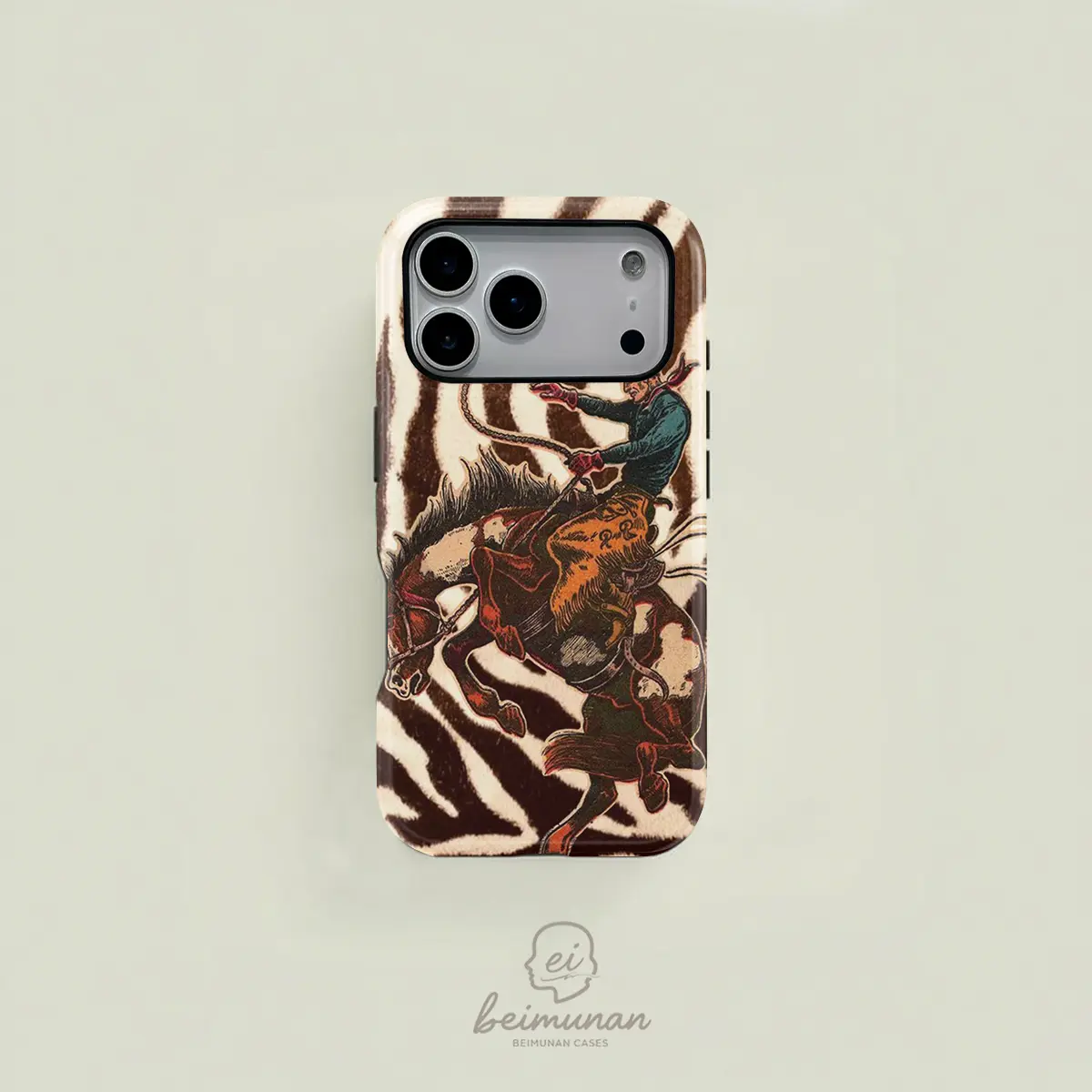 [Magnetic Design] Brown and white striped Western-style cowboy riding pattern dual-layer protective case, sturdy and durable 2-in-1 case, compatible with iPhone 17/16/15/14/13/12/11 Max/Plus/Pro,series.