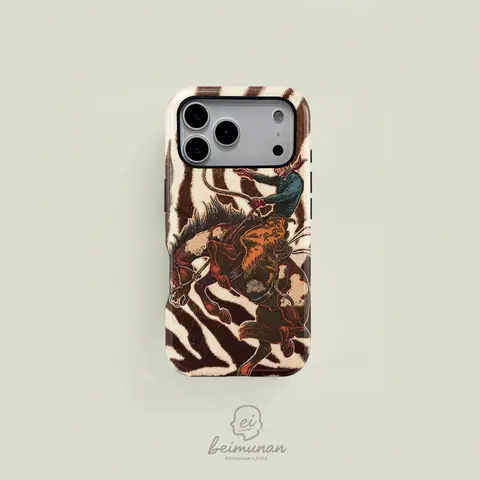 Brown and white striped Western style cowboy riding pattern dual layer protective case, sturdy and durable 2 in 1 case, compatible with iPhone 18/17/16/15/14/13/12/11 Pro Max/Plus/Pro, and Samsung GalaxyS26/S25/S24/S23 /S22/S21Ultra/Plus series.
