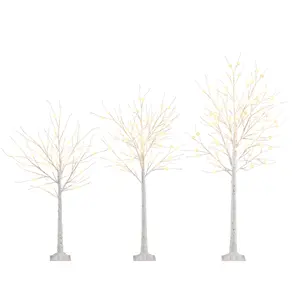 COSTWAY - Lighted Birch Tree Set of 3 with 4/5/6 FT Pre-Lit Artificial Christmas Tree for Holiday Party