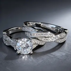 2-Piece Set Sparkling 4-Prong Round Cubic Zirconia Cross Design Eternal Wedding Ring for Women - Promise Ring & Perfect Gift for Birthday, Valentine's Day