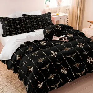 2/3PCS Western Longhorn Skull Duvet Cover Set, Black Brown Boho Ethnic Aztec Cow Pattern Comforter Cover Bedding Set with Pillowcase, Rustic Southwestern Boho Cowboy Duvet Cover for Bedroom, Soft Microfiber, No Filler
