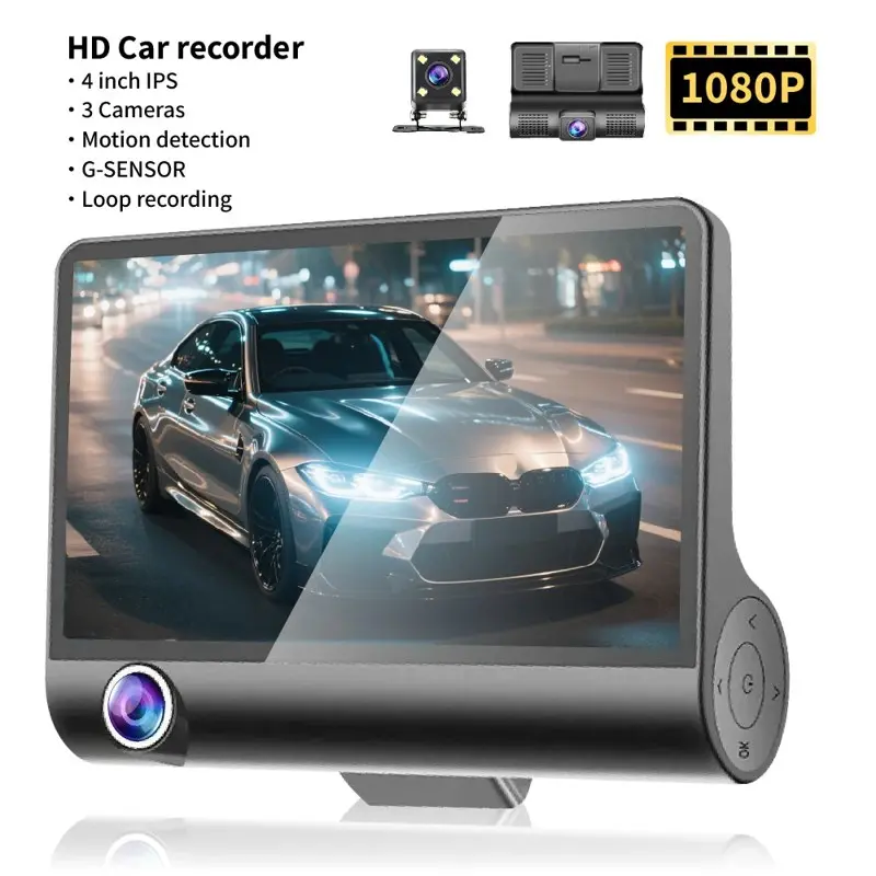 3-Channel FHD 1080P Dash Cam - Front, Rear & Inside Car Security Camera with 4-Inch Screen, Night Vision, Loop Recording, G-Sensor for Taxi Drivers, Dashcam