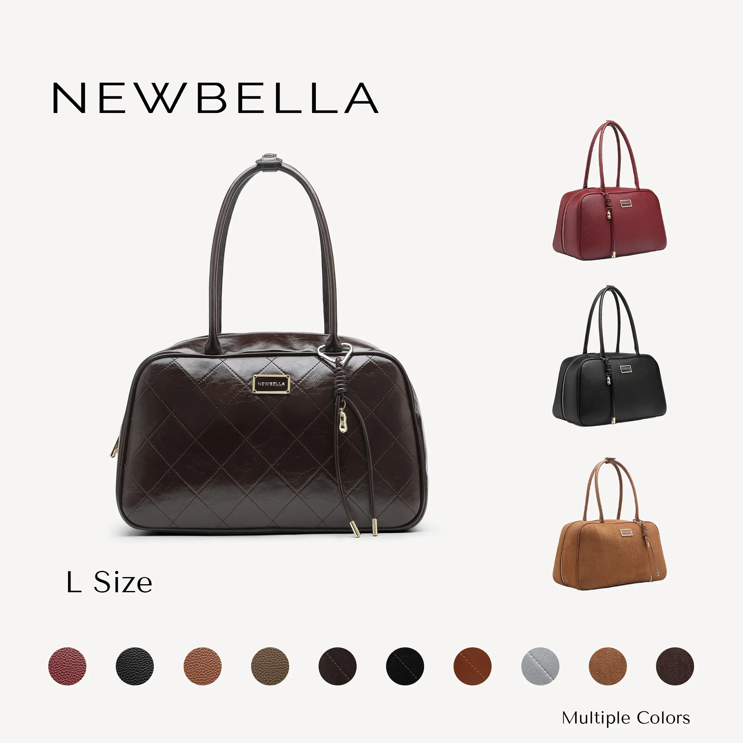 NEWBELLA Gia Medium Quilted Bowling Bag, Vintage Soft PU Leather Top Handle Satchel Purse, Retro Shoulder Handbag for Women Daily Work Travel