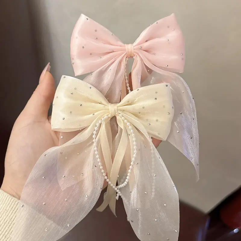 Kids' Beaded Acrylic Bow Hair Clip, Elegant Tassel Style, Lightweight Accessory for Parties - Navy Blue, Pink, Burgundy, Bow Hair Clip - Navy Blue
