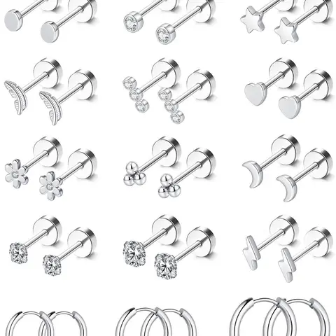 Cute Star & Heart Shaped Earrings Set, Artificial Gemstone Earrings, Stainless Steel Flat Back Earrings, Earrings with flat backs, Hypoallergenic 20g Screw Back Cartilage Earring Stacks, Studs, Flat Pierced Jewelry, Hypoallergenic Post Earrings