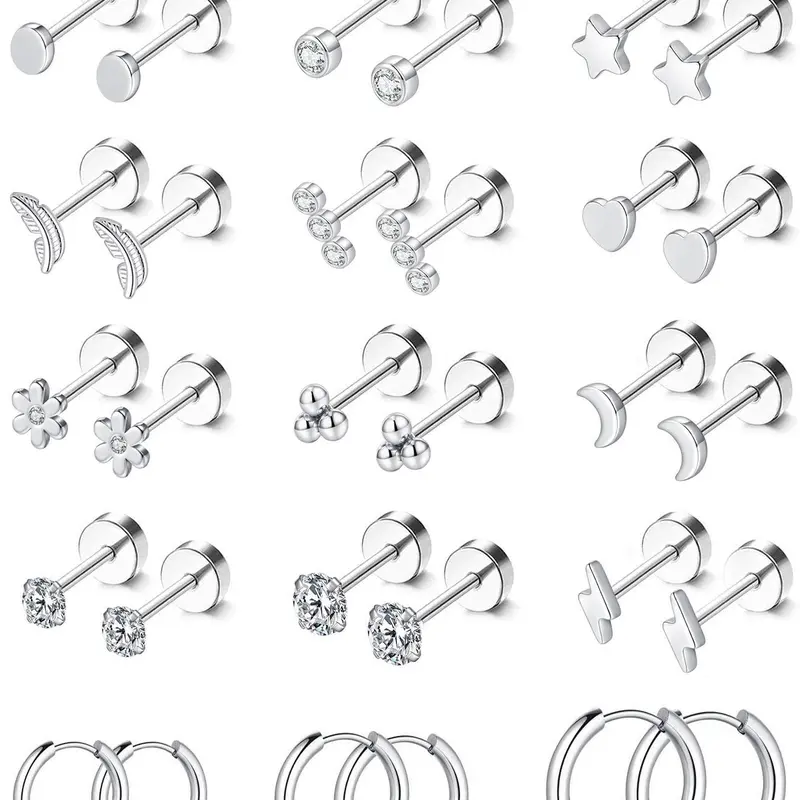 Cute Star & Heart Shaped Earrings Set, Artificial Gemstone Earrings, Stainless Steel Flat Back Earrings, Earrings with flat backs, Hypoallergenic 20g Screw Back Cartilage Earring Stacks, Studs, Flat Pierced Jewelry, Hypoallergenic Post Earrings