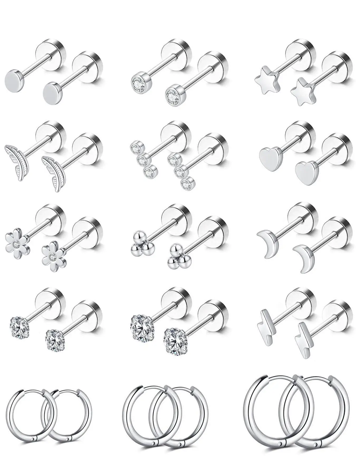 Cute Star & Heart Shaped Earrings Set, Artificial Gemstone Earrings, Stainless Steel Flat Back Earrings, Hypoallergenic 20g Screw Back Nap Stack Carti